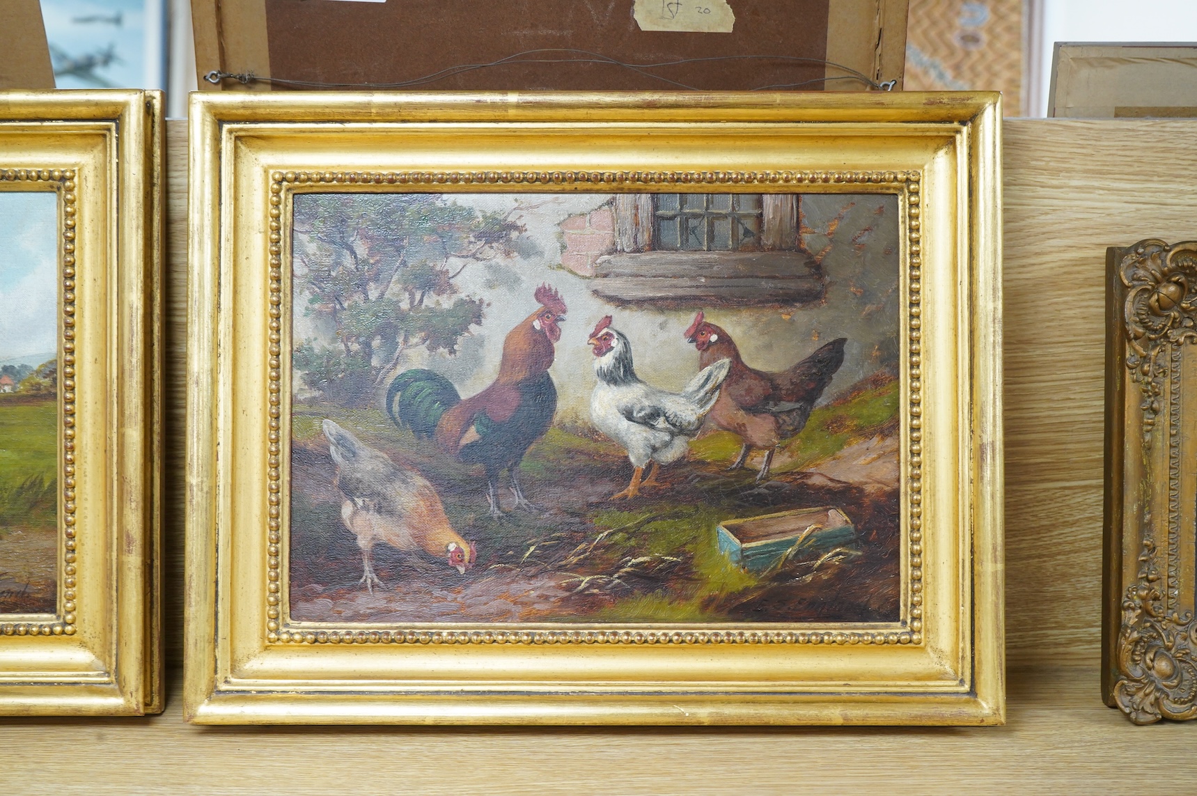 Edward S. England (fl.1890-1910), Studies of chickens before landscapes, each signed, pair of oils on canvas, 24 x 34cm, gilt framed